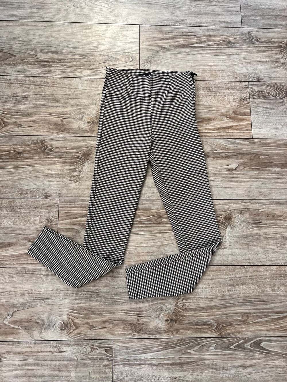 Zara Black White Brown Gingham Check Skinny Pants Side Zip Size S
